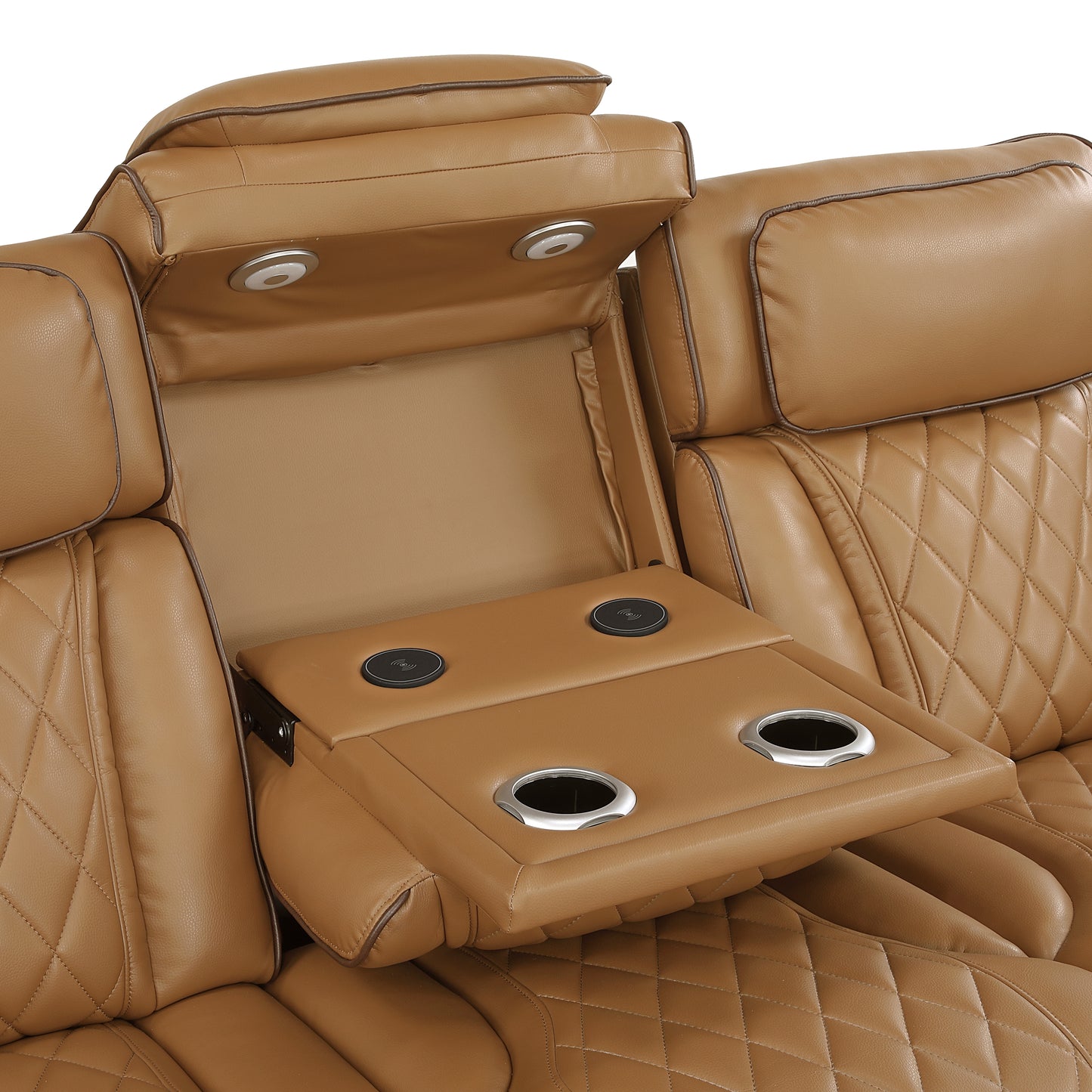 9516BRW-3PWH - Power Double Reclining Sofa with Center Drop-Down Cup Holders, Power Headrests, Storage Arms(Top and Side), Cup holders and Reading Lights, Two Wireless Chargers, Charging Ports and LED Lighting