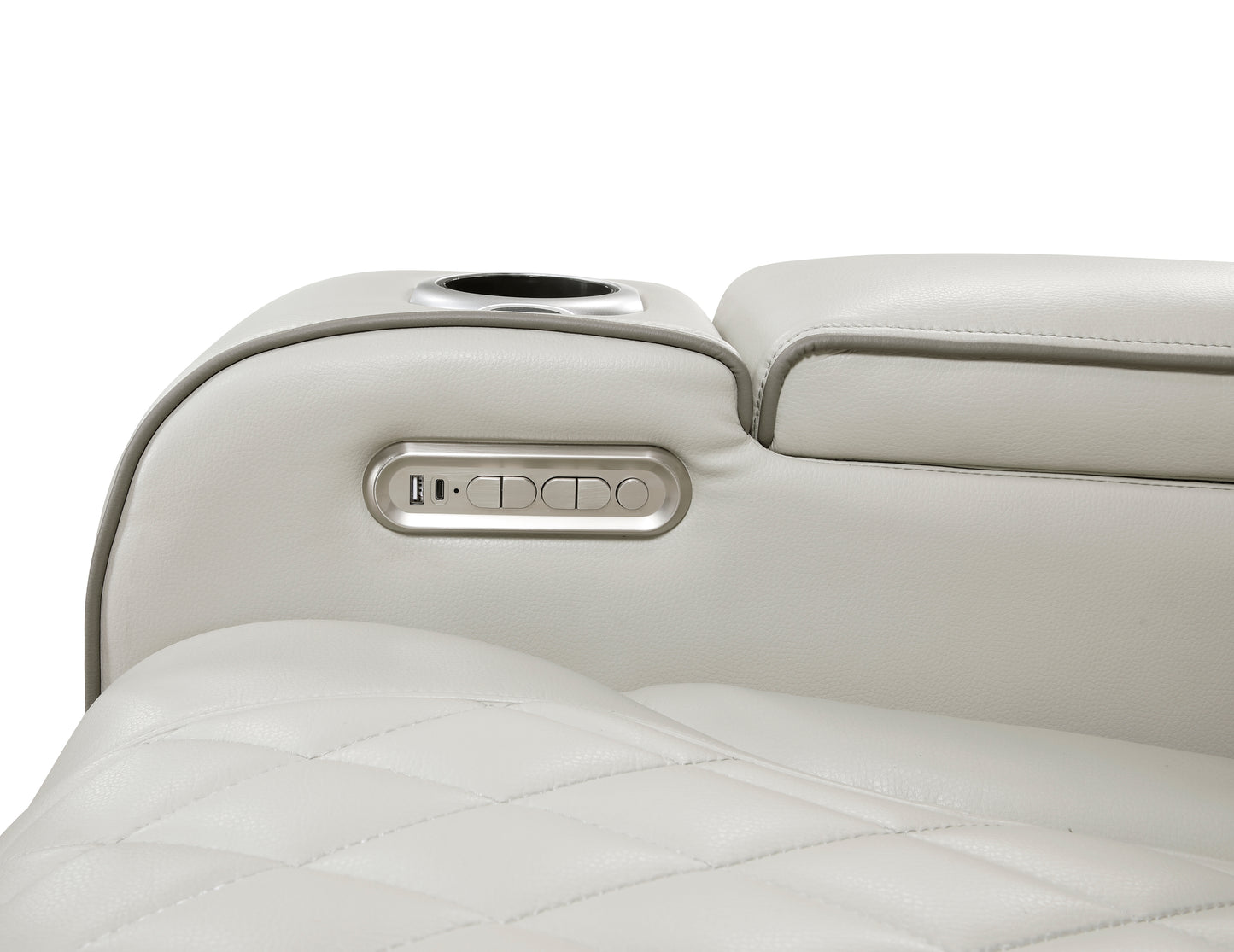 9516TPE-3PWH - Power Double Reclining Sofa with Center Drop-Down Cup Holders, Power Headrests, Storage Arms(Top and Side), Cup holders and Reading Lights, Two Wireless Chargers, Charging Ports and LED Lighting