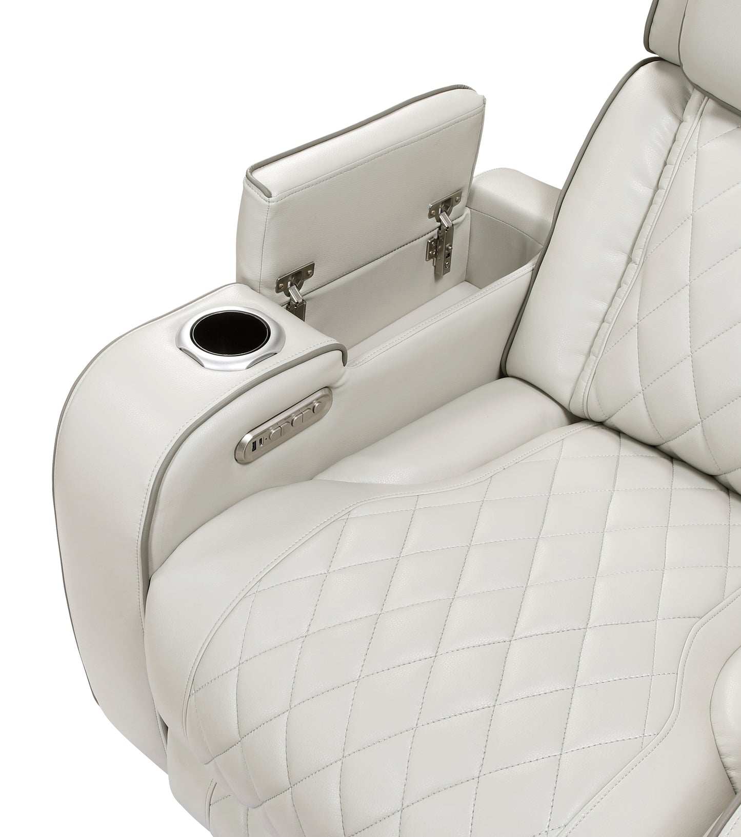 9516TPE-3PWH - Power Double Reclining Sofa with Center Drop-Down Cup Holders, Power Headrests, Storage Arms(Top and Side), Cup holders and Reading Lights, Two Wireless Chargers, Charging Ports and LED Lighting