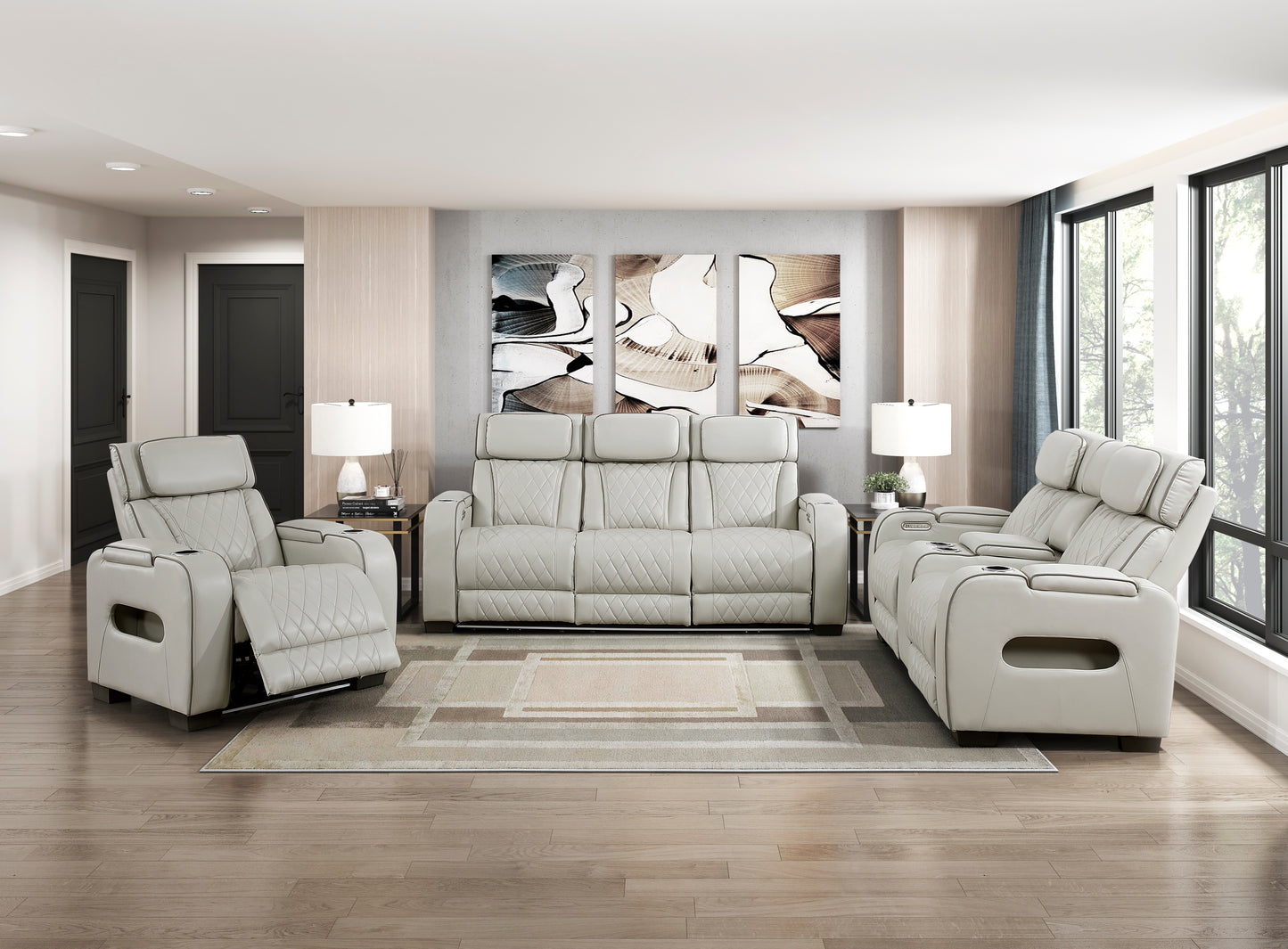 9516TPE-3PWH - Power Double Reclining Sofa with Center Drop-Down Cup Holders, Power Headrests, Storage Arms(Top and Side), Cup holders and Reading Lights, Two Wireless Chargers, Charging Ports and LED Lighting