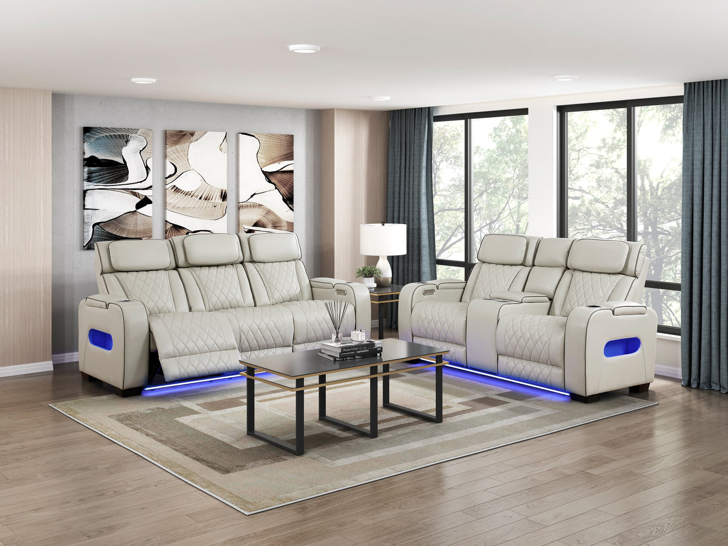 9516TPE-3PWH - Power Double Reclining Sofa with Center Drop-Down Cup Holders, Power Headrests, Storage Arms(Top and Side), Cup holders and Reading Lights, Two Wireless Chargers, Charging Ports and LED Lighting