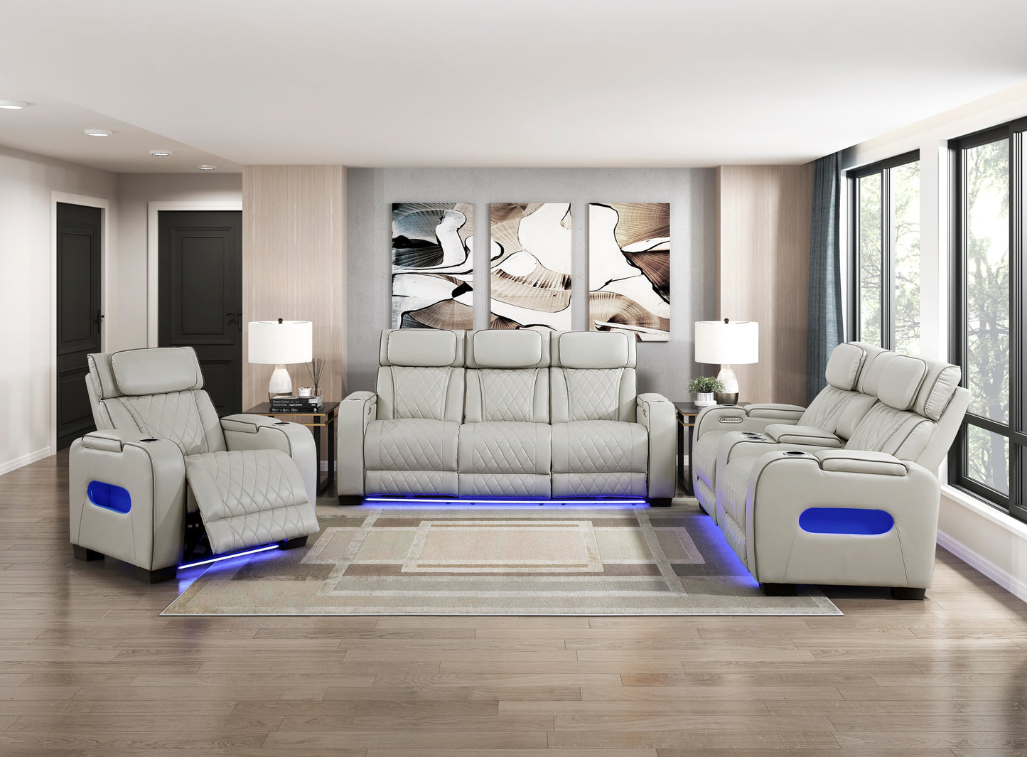9516TPE-3PWH - Power Double Reclining Sofa with Center Drop-Down Cup Holders, Power Headrests, Storage Arms(Top and Side), Cup holders and Reading Lights, Two Wireless Chargers, Charging Ports and LED Lighting