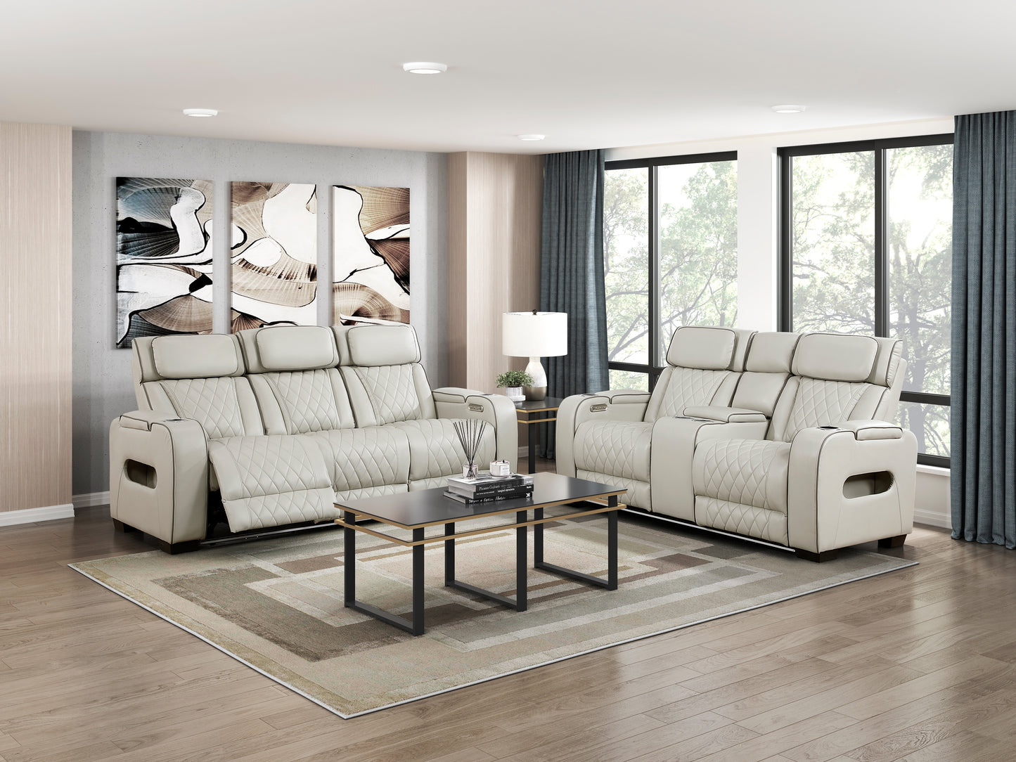 9516TPE-3PWH - Power Double Reclining Sofa with Center Drop-Down Cup Holders, Power Headrests, Storage Arms(Top and Side), Cup holders and Reading Lights, Two Wireless Chargers, Charging Ports and LED Lighting