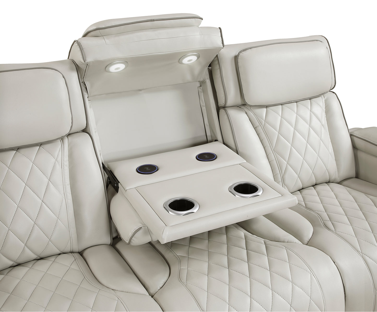 9516TPE-3PWH - Power Double Reclining Sofa with Center Drop-Down Cup Holders, Power Headrests, Storage Arms(Top and Side), Cup holders and Reading Lights, Two Wireless Chargers, Charging Ports and LED Lighting