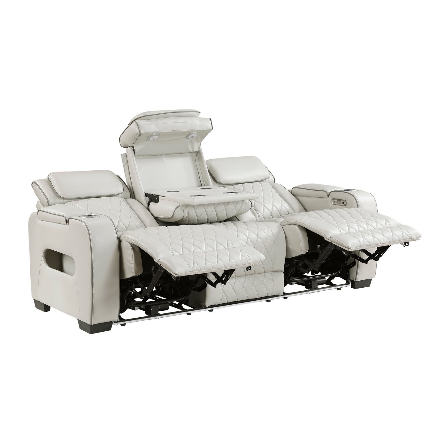 9516TPE-3PWH - Power Double Reclining Sofa with Center Drop-Down Cup Holders, Power Headrests, Storage Arms(Top and Side), Cup holders and Reading Lights, Two Wireless Chargers, Charging Ports and LED Lighting