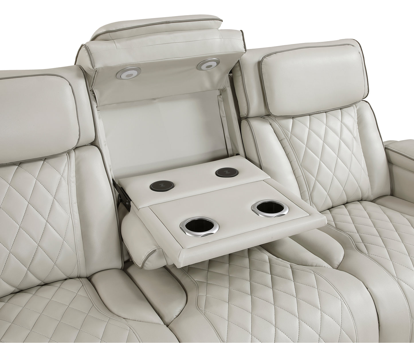 9516TPE-3PWH - Power Double Reclining Sofa with Center Drop-Down Cup Holders, Power Headrests, Storage Arms(Top and Side), Cup holders and Reading Lights, Two Wireless Chargers, Charging Ports and LED Lighting