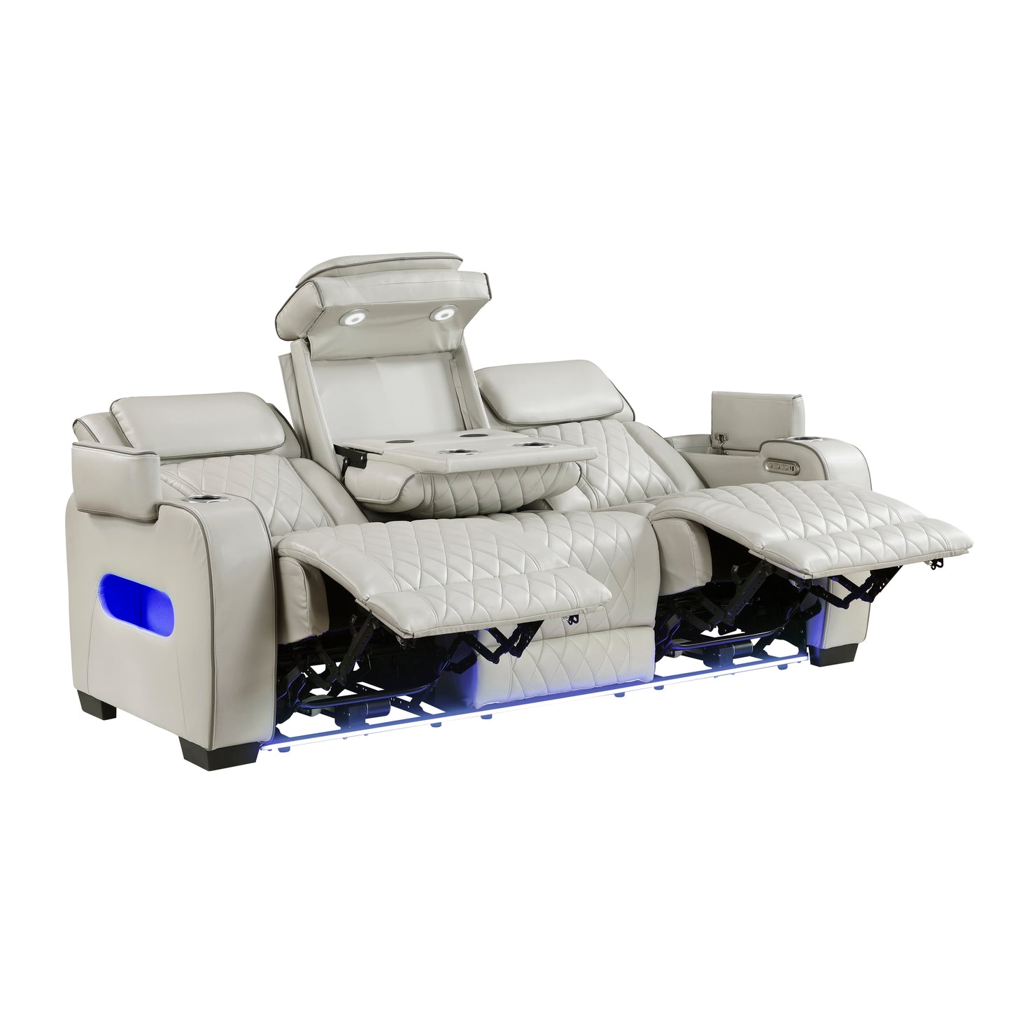 9516TPE-3PWH - Power Double Reclining Sofa with Center Drop-Down Cup Holders, Power Headrests, Storage Arms(Top and Side), Cup holders and Reading Lights, Two Wireless Chargers, Charging Ports and LED Lighting