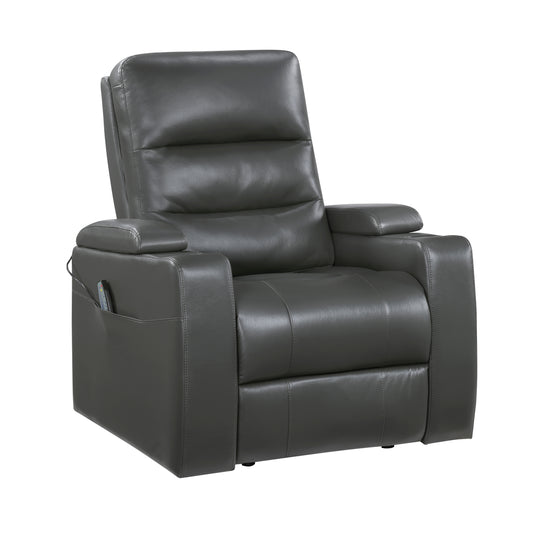 9517GY-1PWH - Power Reclining Chair with Power Headrest, Heat and Massage, Receptacle, Cup-Holders with LED light, Storage Arms and Charging Ports