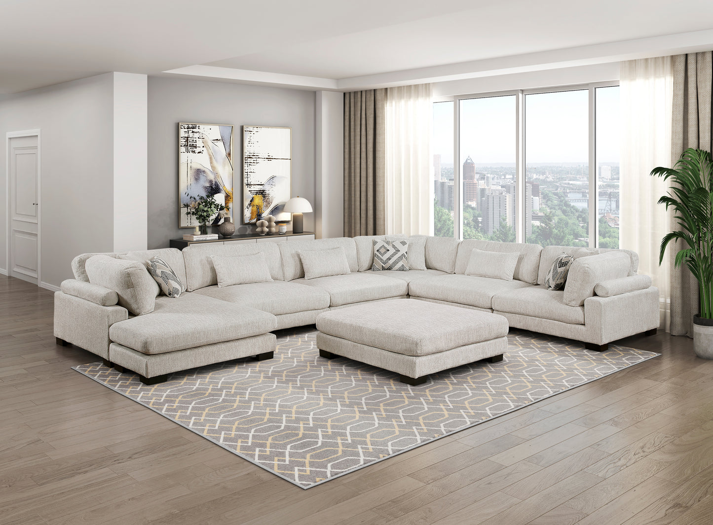 9555BEG*72CR3ACVCOT - (7)7-Piece Modular Sectional with Ottoman