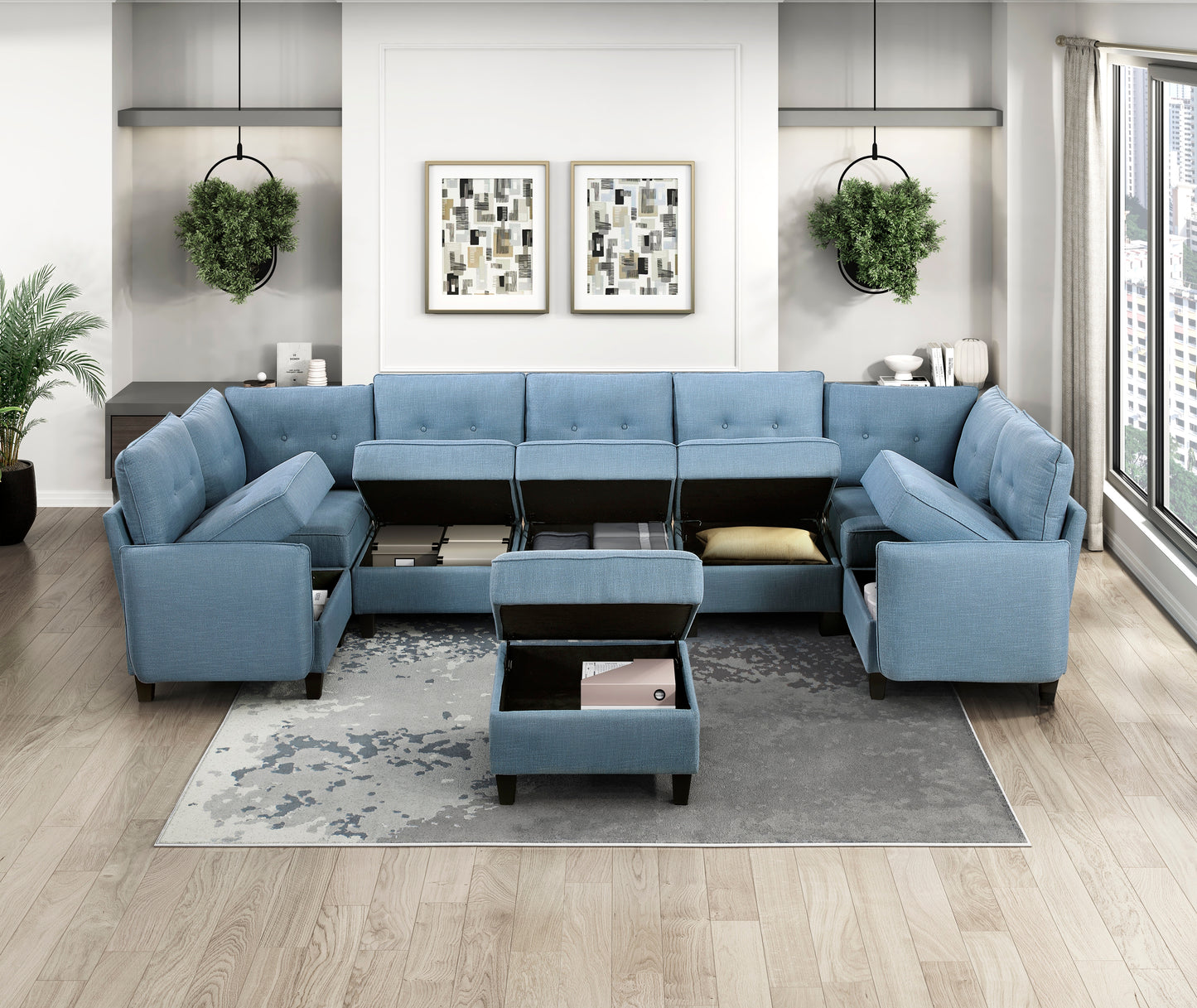 9557BUE*8SCOT - (8)8-Piece Sectional with Storage and Ottoman
