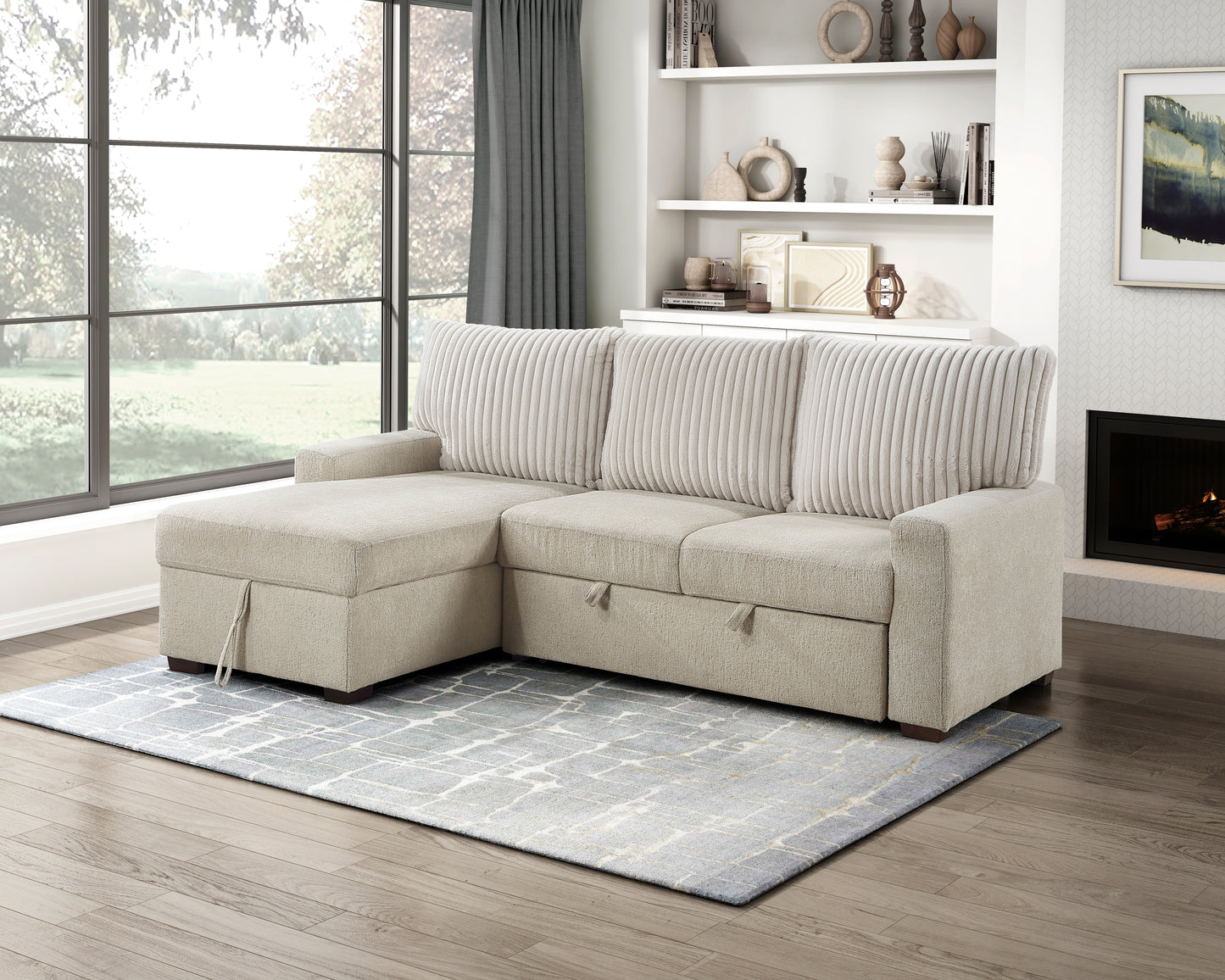 9605BE*2LCRL - (2)2-Piece Sectional with Left Chaise and Drop-Down Cup holders, Storage Pouch, Pull-out Bed and Hidden Storage