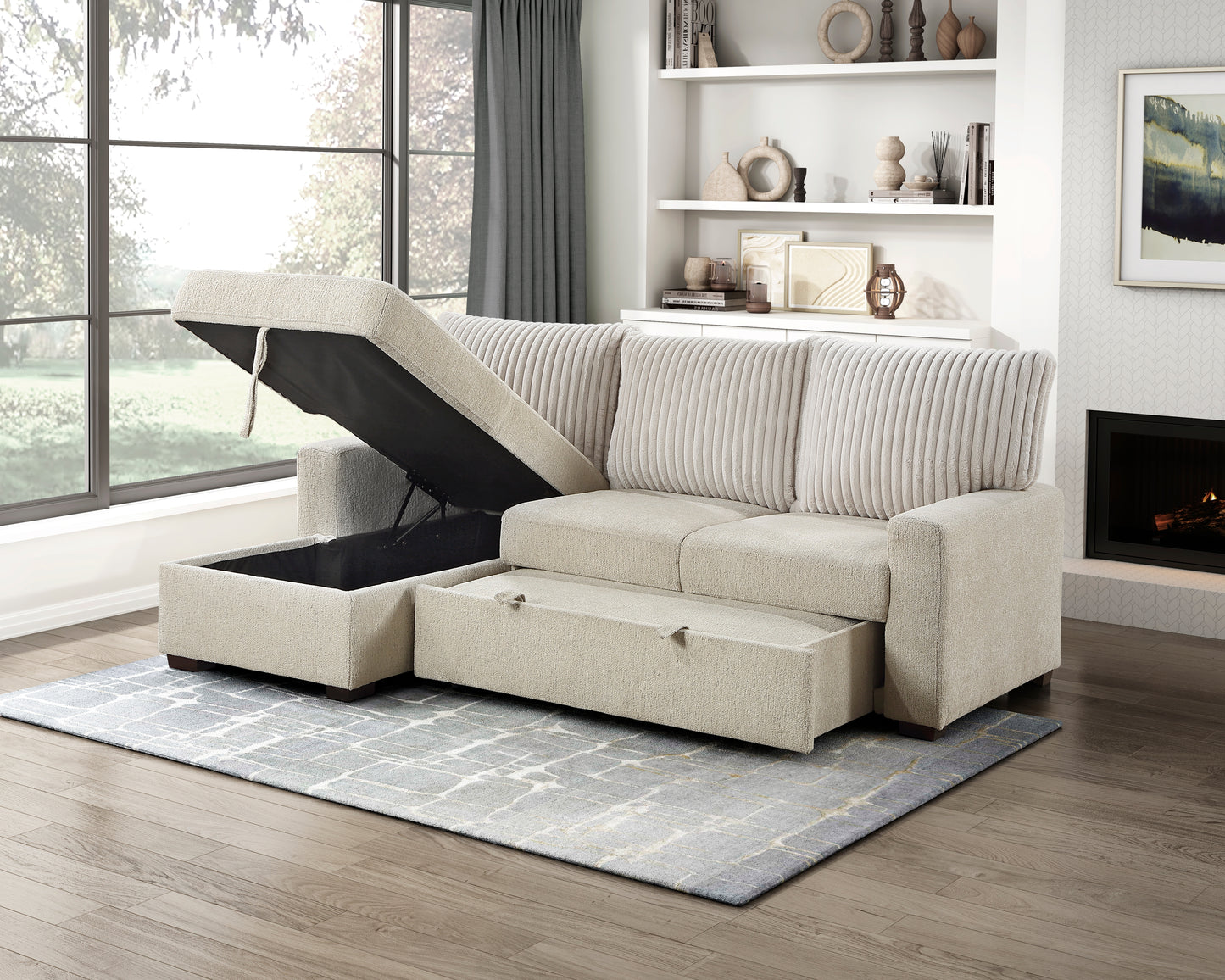 9605BE*2LCRL - (2)2-Piece Sectional with Left Chaise and Drop-Down Cup holders, Storage Pouch, Pull-out Bed and Hidden Storage