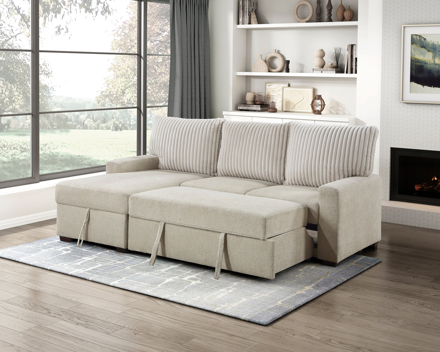 9605BE*2LCRL - (2)2-Piece Sectional with Left Chaise and Drop-Down Cup holders, Storage Pouch, Pull-out Bed and Hidden Storage