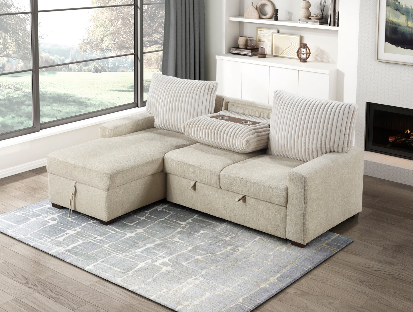 9605BE*2LCRL - (2)2-Piece Sectional with Left Chaise and Drop-Down Cup holders, Storage Pouch, Pull-out Bed and Hidden Storage
