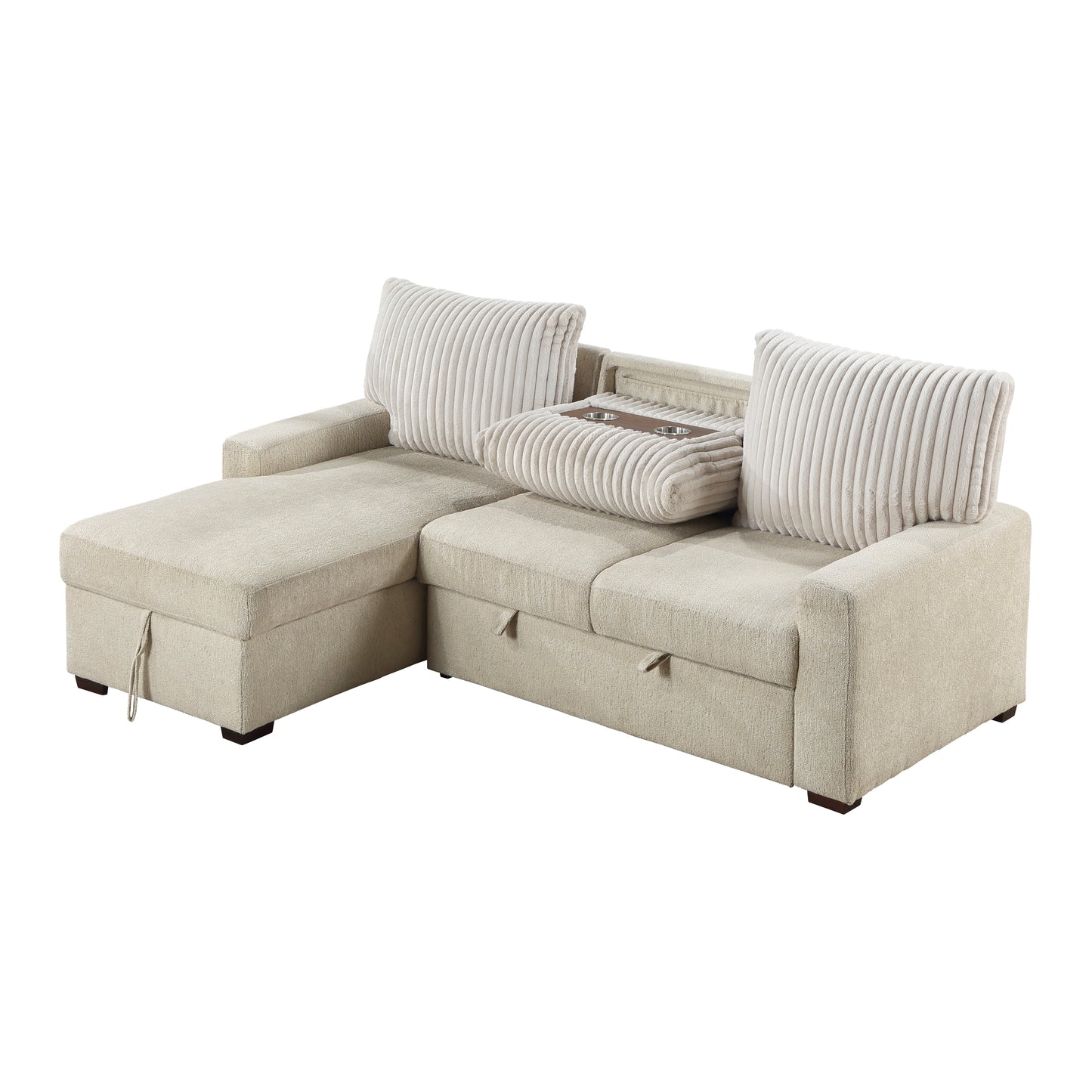 9605BE*2LCRL - (2)2-Piece Sectional with Left Chaise and Drop-Down Cup holders, Storage Pouch, Pull-out Bed and Hidden Storage