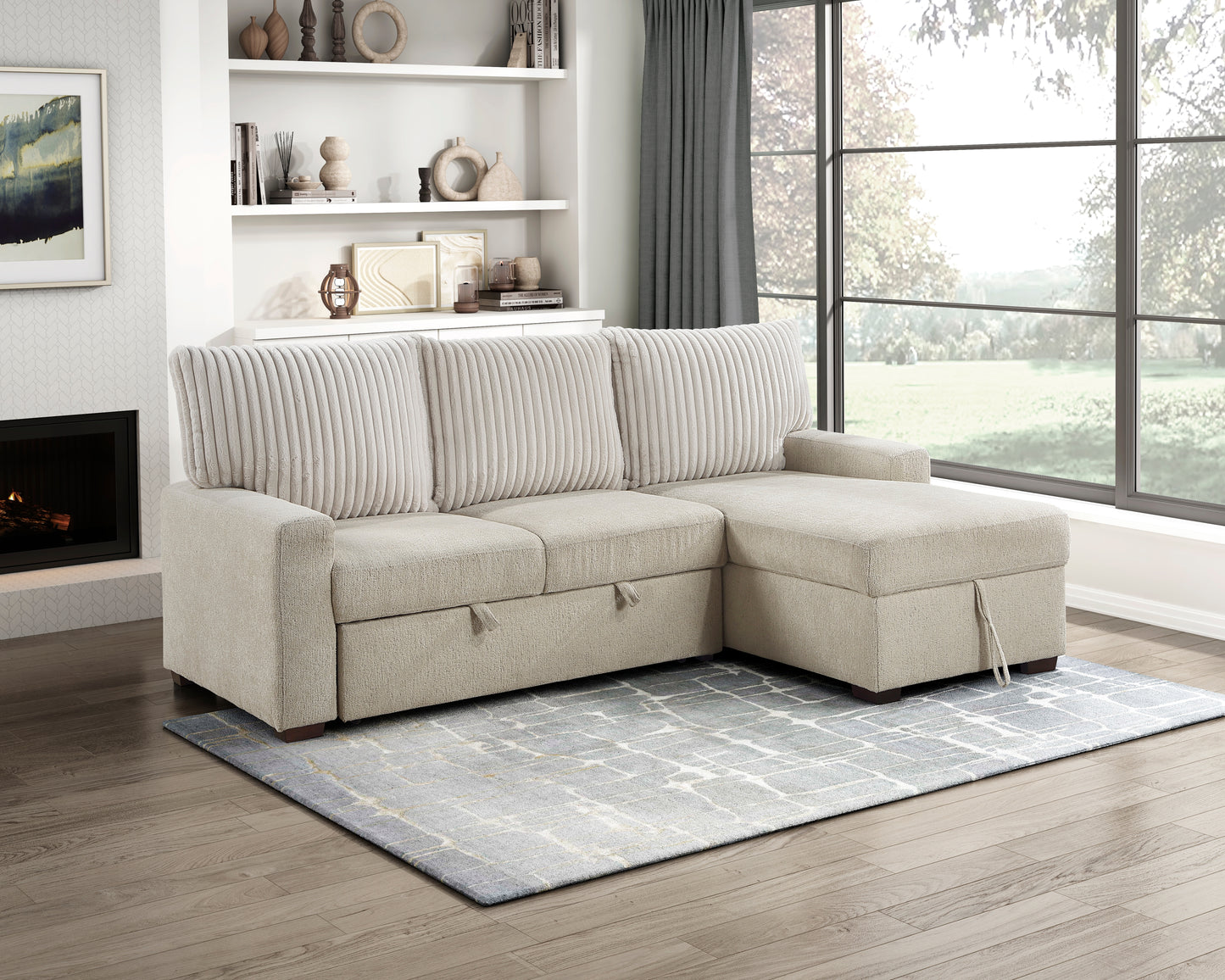 9605BE*2LLRC - (2)2-Piece Sectional with Right Chaise and Drop-Down Cup holders, Storage Pouch, Pull-out Bed and Hidden Storage