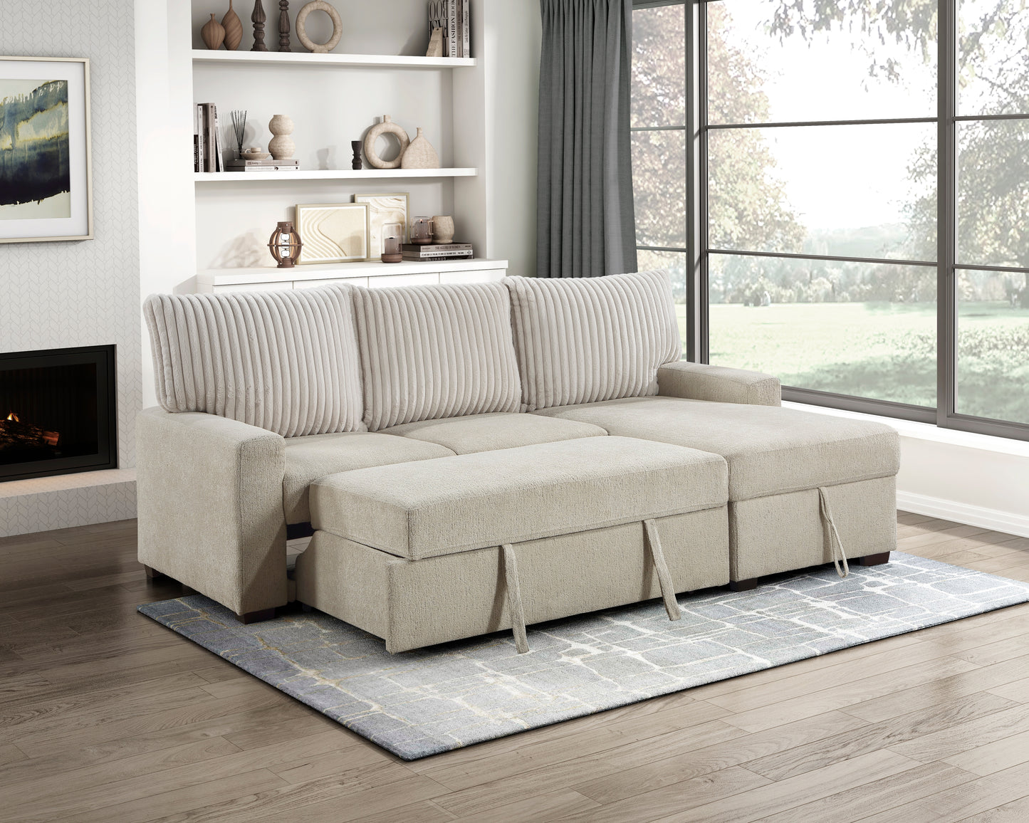 9605BE*2LLRC - (2)2-Piece Sectional with Right Chaise and Drop-Down Cup holders, Storage Pouch, Pull-out Bed and Hidden Storage