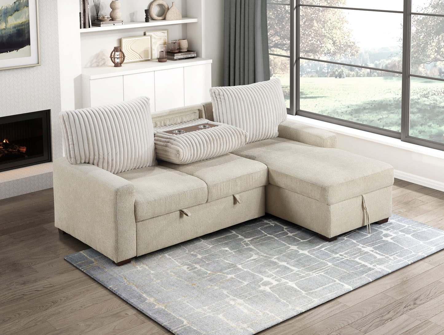 9605BE*2LLRC - (2)2-Piece Sectional with Right Chaise and Drop-Down Cup holders, Storage Pouch, Pull-out Bed and Hidden Storage