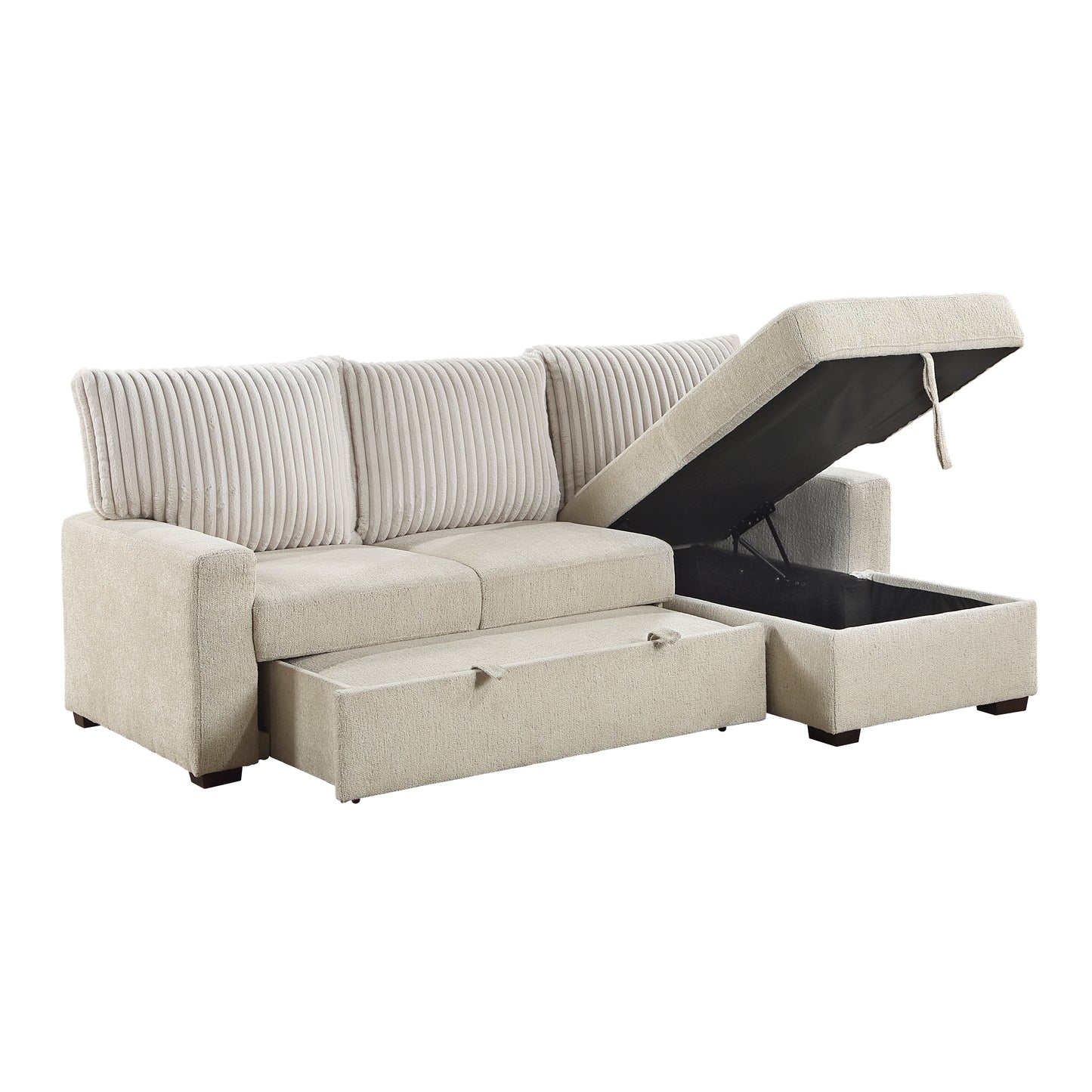 9605BE*2LLRC - (2)2-Piece Sectional with Right Chaise and Drop-Down Cup holders, Storage Pouch, Pull-out Bed and Hidden Storage