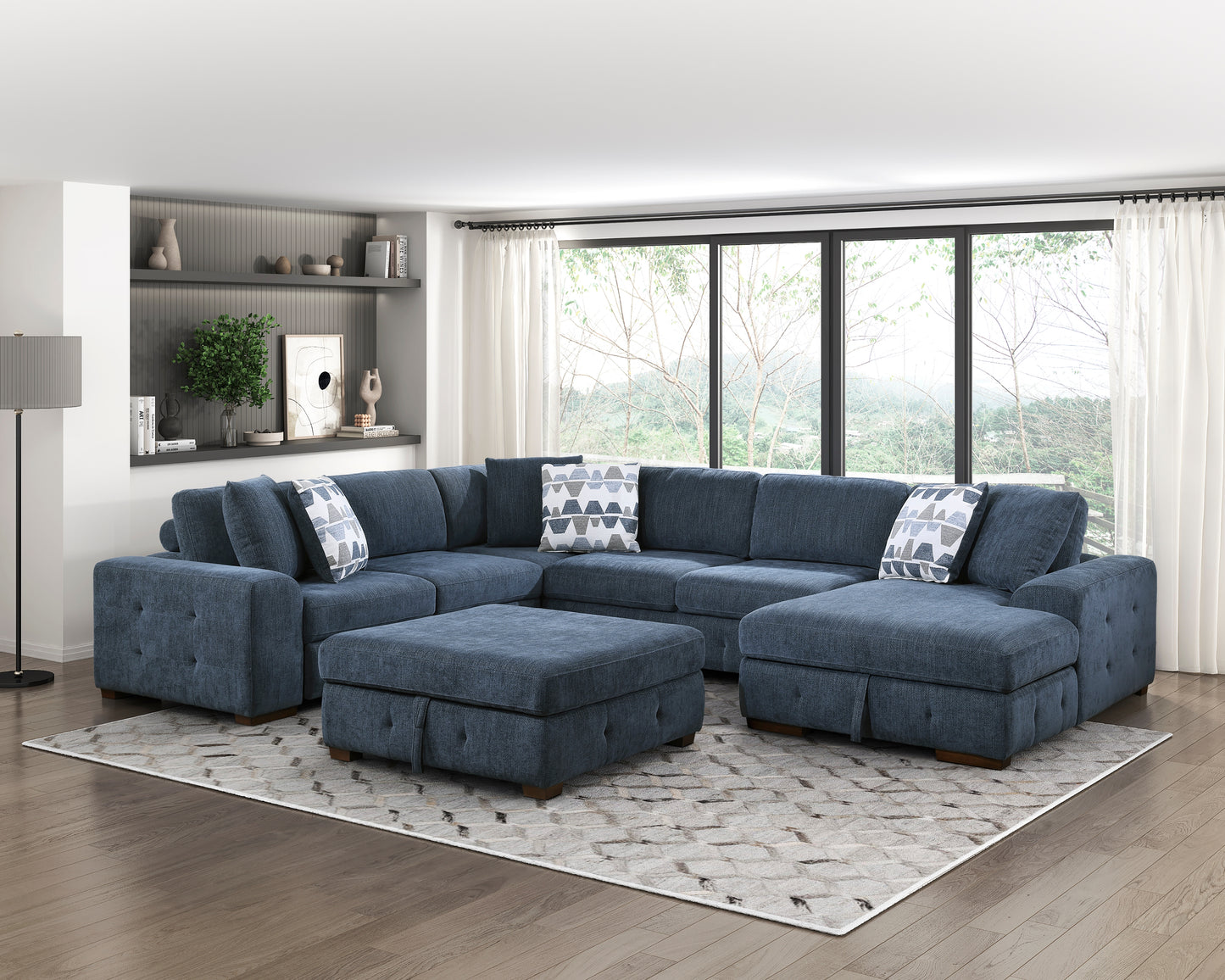 9624BU*52LRC - (5)5-Piece Sectional with Right Chaise and Storage Ottoman