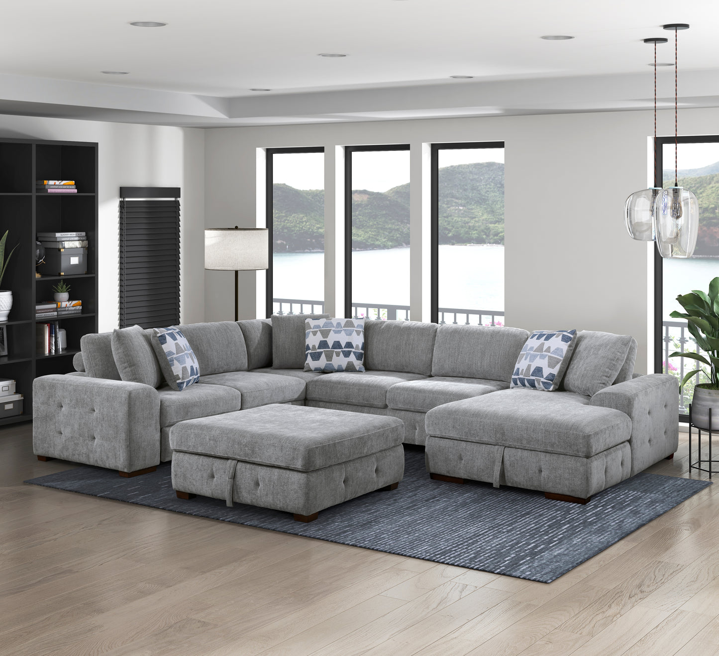 9624GY*52LRC - (5)5-Piece Sectional with Right Chaise and Storage Ottoman