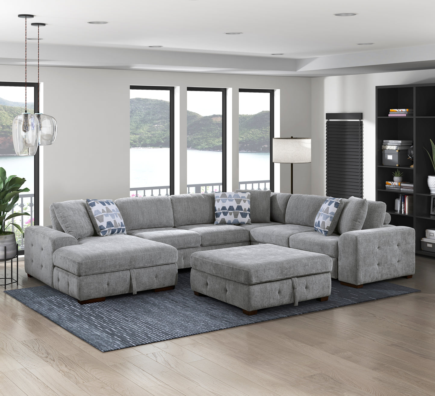9624GY*5LC2R - (5)5-Piece Sectional with Left Chaise and Storage Ottoman