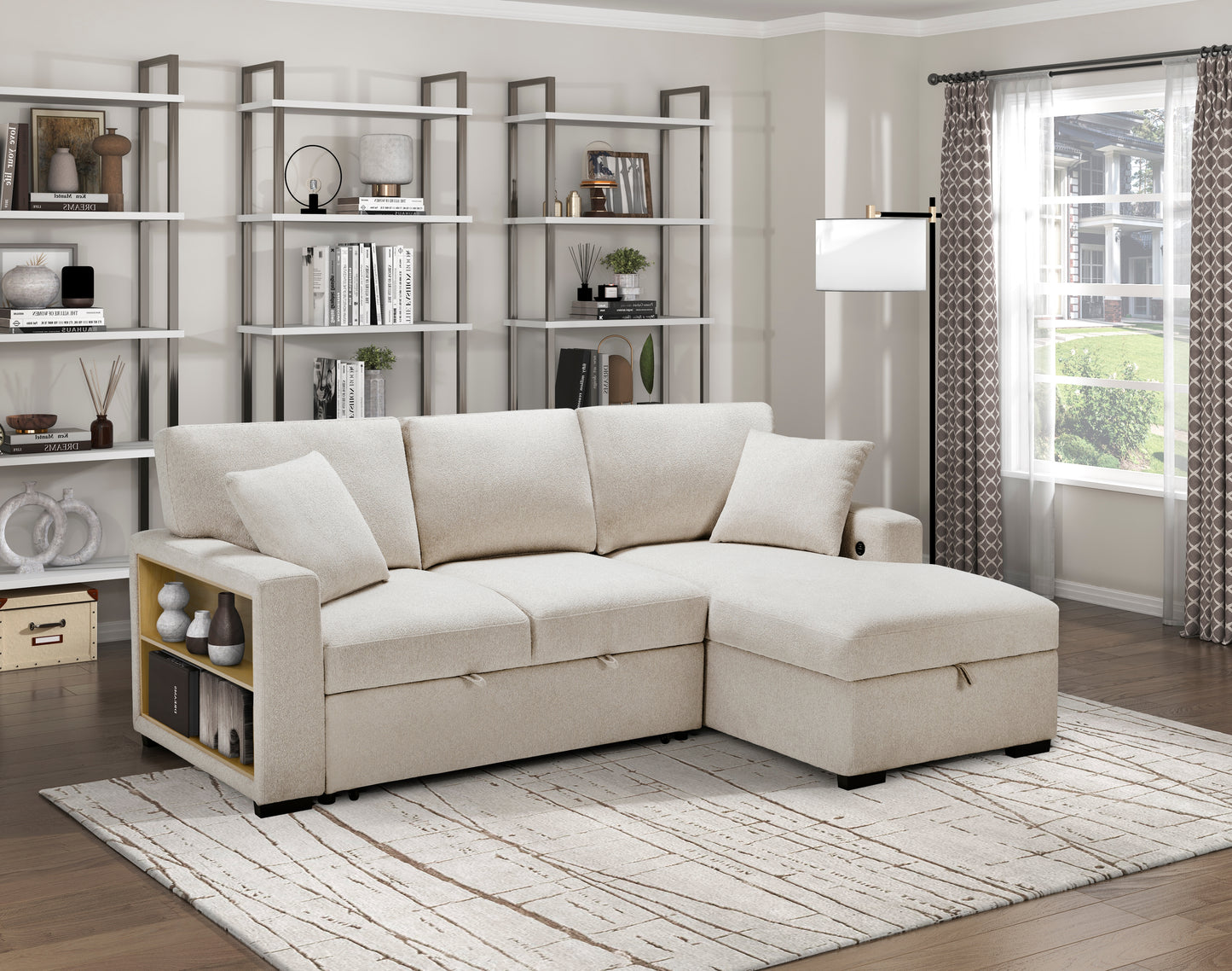 9630BE*22LRC - (2)Sectional with Right Chaise, Pull-out Bed, Hidden Storage and Shelves, Charging Ports