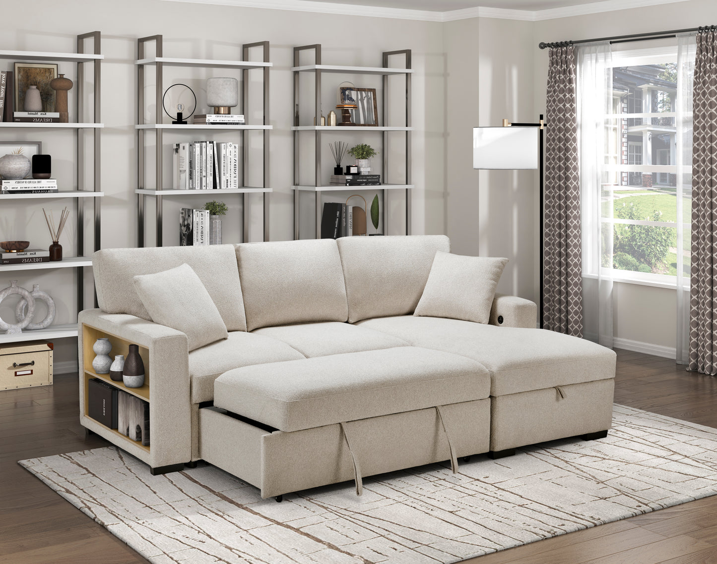 9630BE*22LRC - (2)Sectional with Right Chaise, Pull-out Bed, Hidden Storage and Shelves, Charging Ports