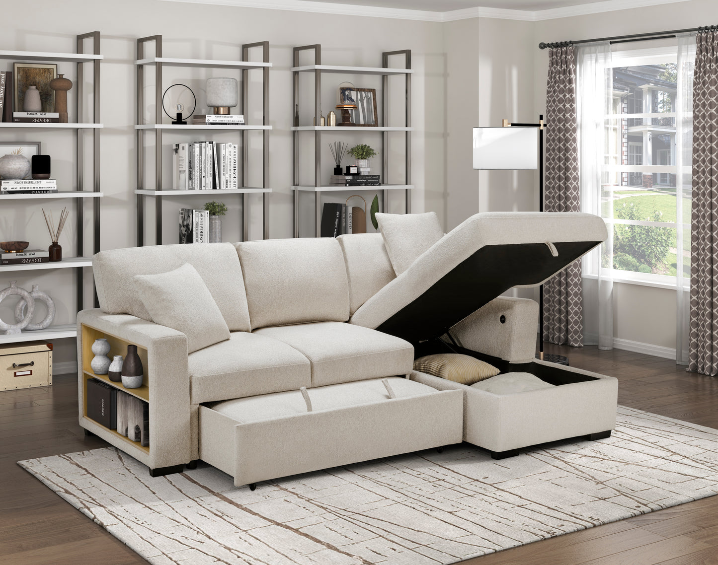 9630BE*22LRC - (2)Sectional with Right Chaise, Pull-out Bed, Hidden Storage and Shelves, Charging Ports
