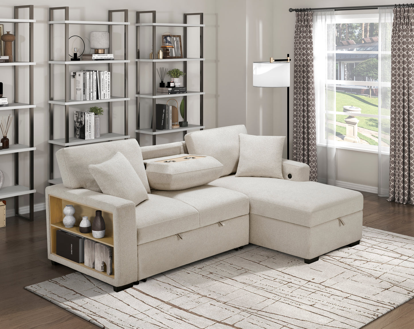 9630BE*22LRC - (2)Sectional with Right Chaise, Pull-out Bed, Hidden Storage and Shelves, Charging Ports