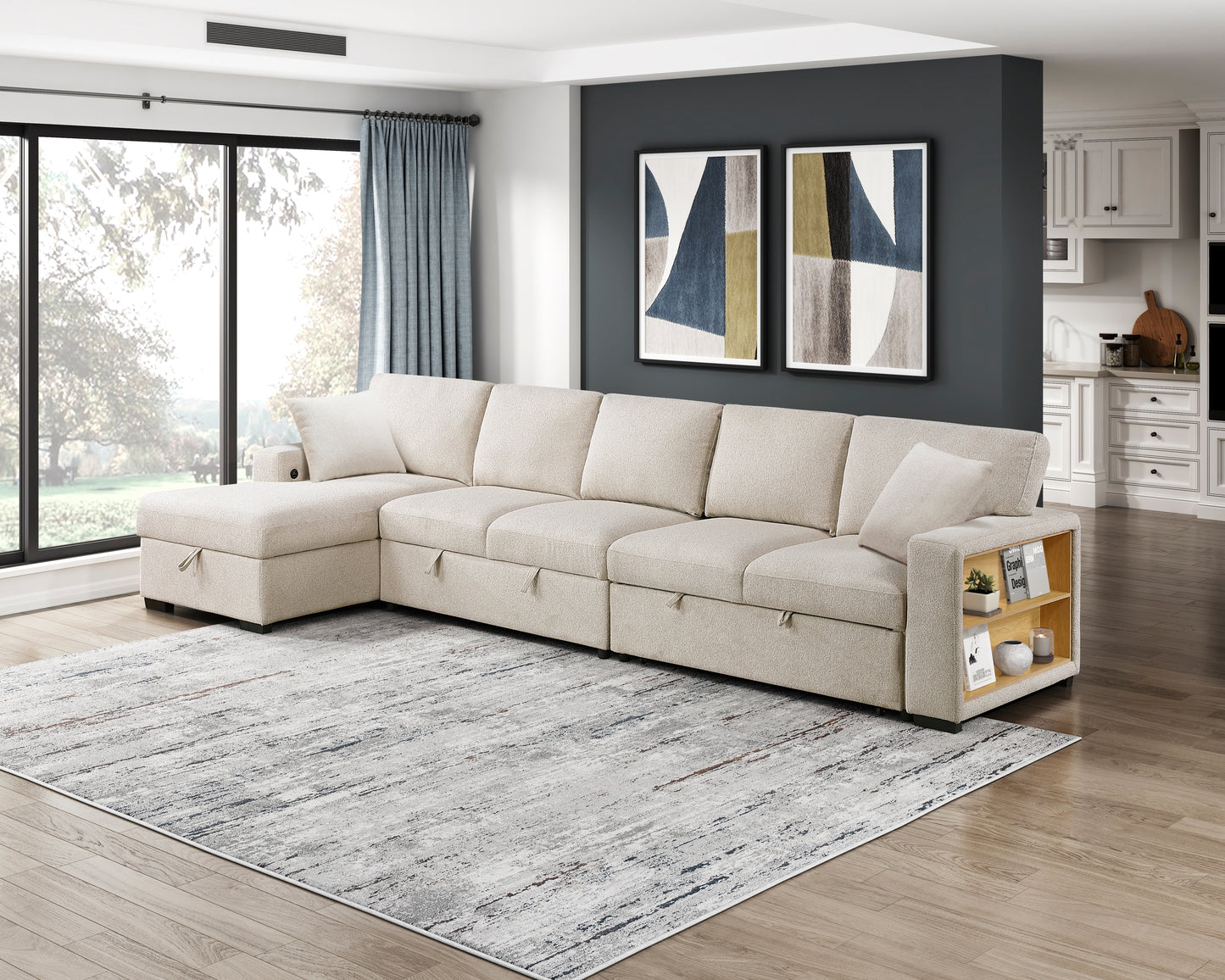 9630BE*3LC2R - (3)Sectional with Left Chaise, Pull-out Bed, Hidden Storages and Shelves, Charging Ports