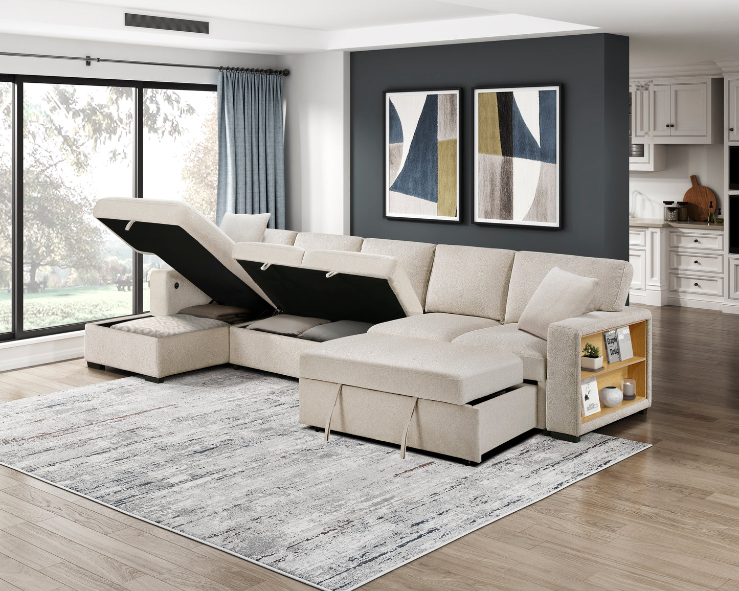 9630BE*3LC2R - (3)Sectional with Left Chaise, Pull-out Bed, Hidden Storages and Shelves, Charging Ports