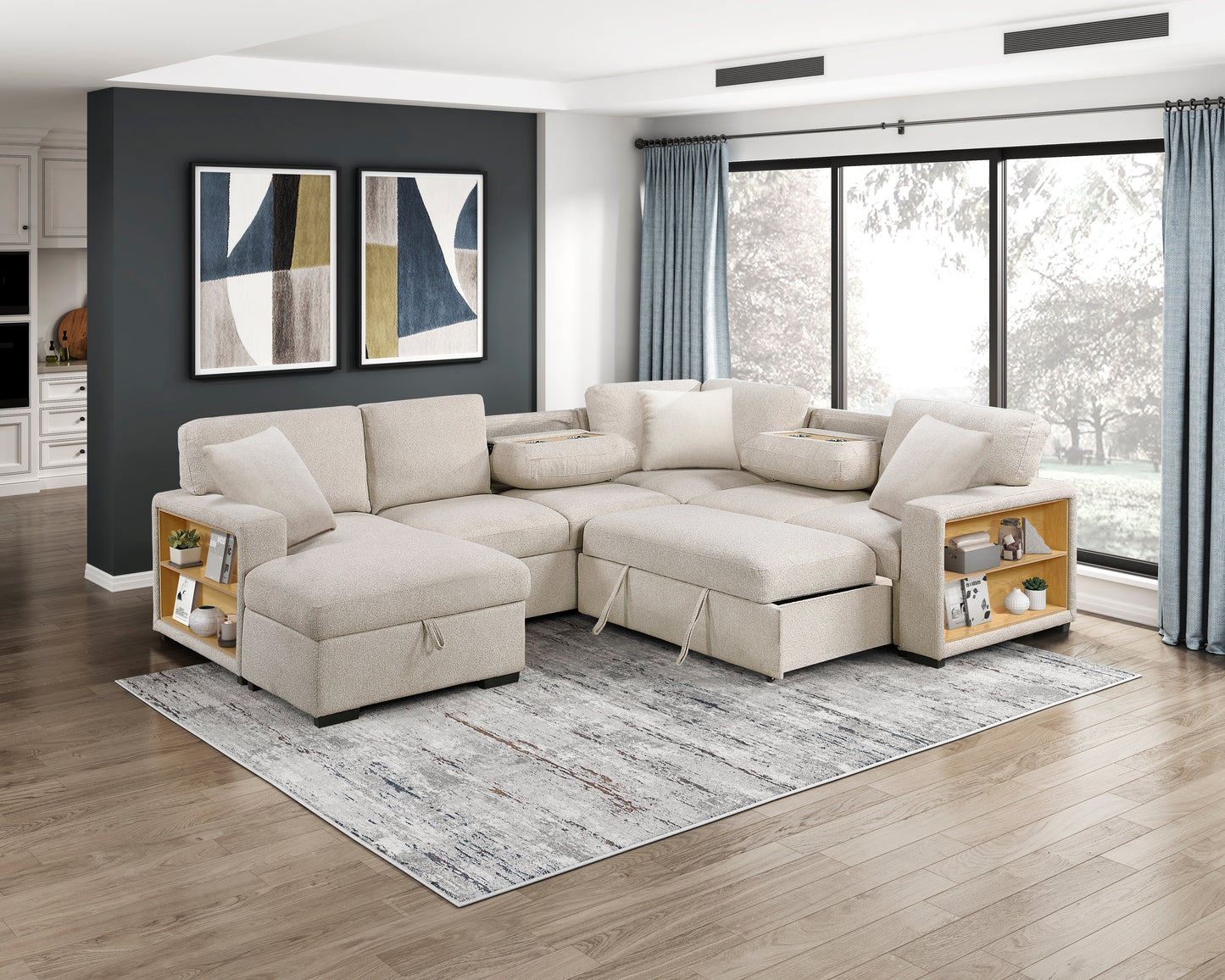 9630BE*4LC2R - (4)Sectional with Left Chaise, Pull-out Bed, Hidden Storages and Shelves, Charging Ports