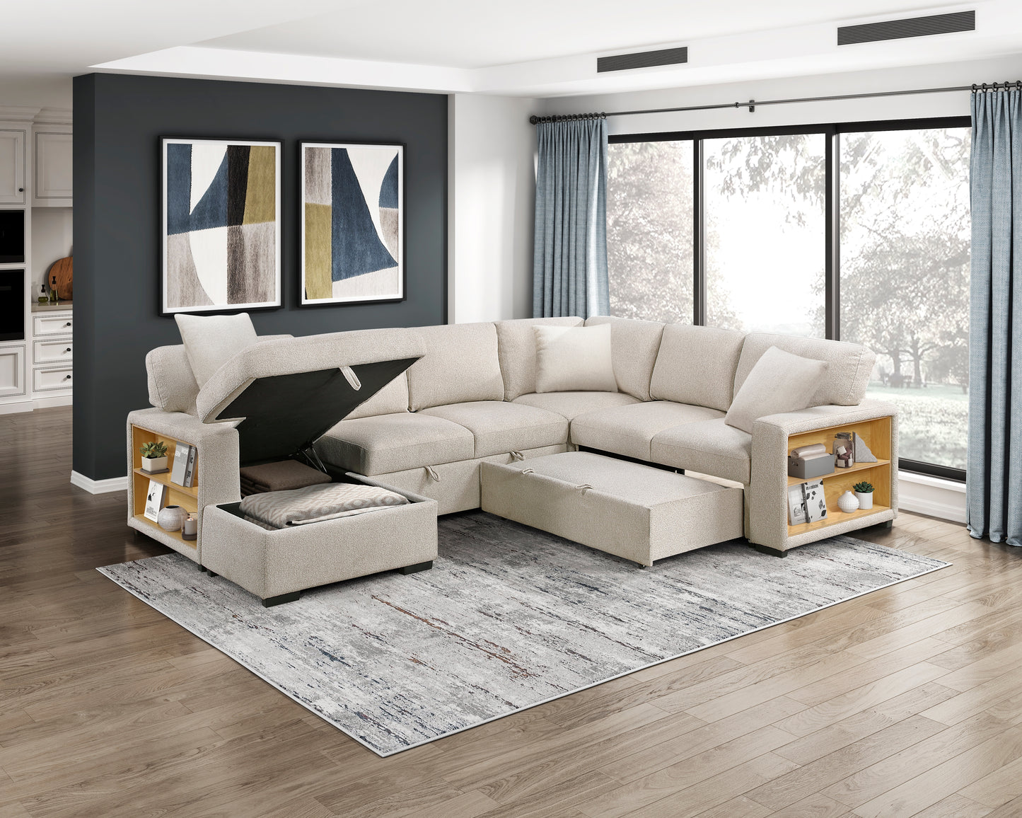 9630BE*4LC2R - (4)Sectional with Left Chaise, Pull-out Bed, Hidden Storages and Shelves, Charging Ports