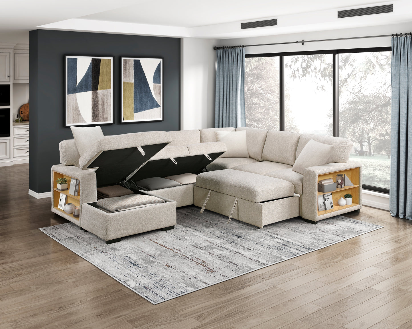 9630BE*4LC2R - (4)Sectional with Left Chaise, Pull-out Bed, Hidden Storages and Shelves, Charging Ports