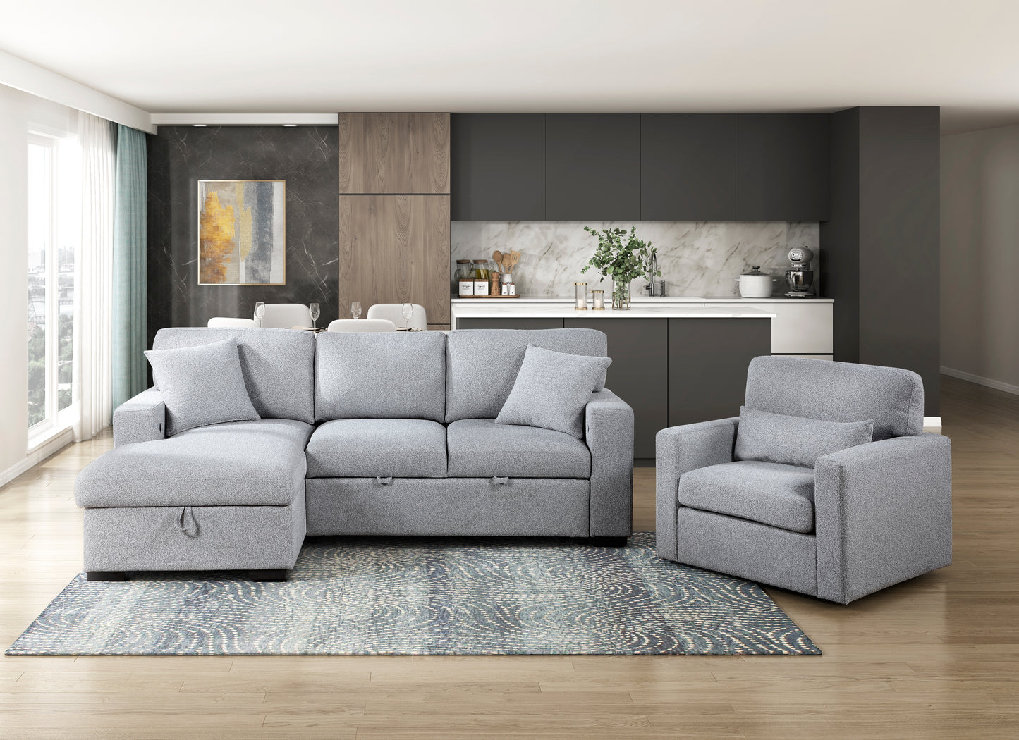 9630GY*2LC2R - (2)Sectional with Left Chaise, Pull-out Bed, Hidden Storages and Shelves, Charging Ports