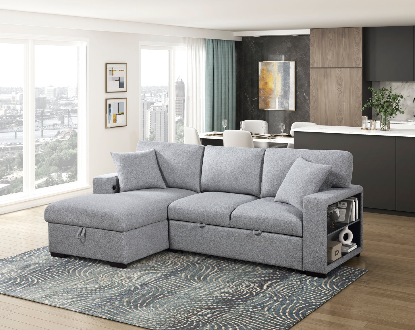 9630GY*2LC2R - (2)Sectional with Left Chaise, Pull-out Bed, Hidden Storages and Shelves, Charging Ports