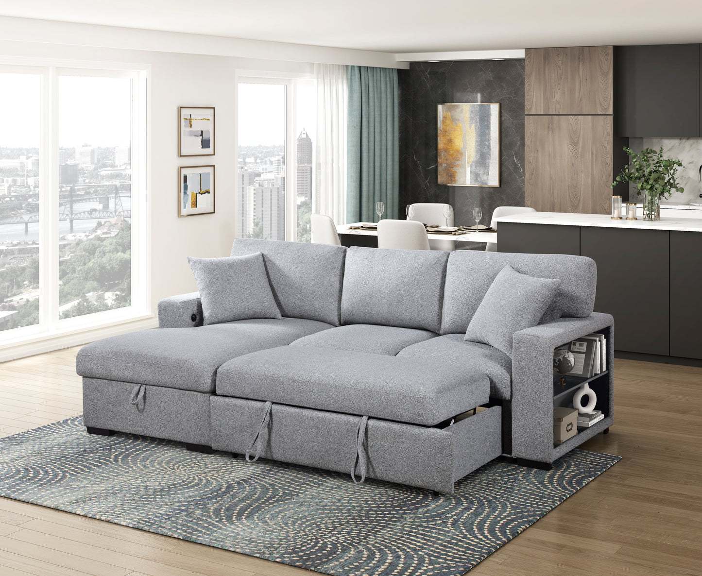 9630GY*2LC2R - (2)Sectional with Left Chaise, Pull-out Bed, Hidden Storages and Shelves, Charging Ports