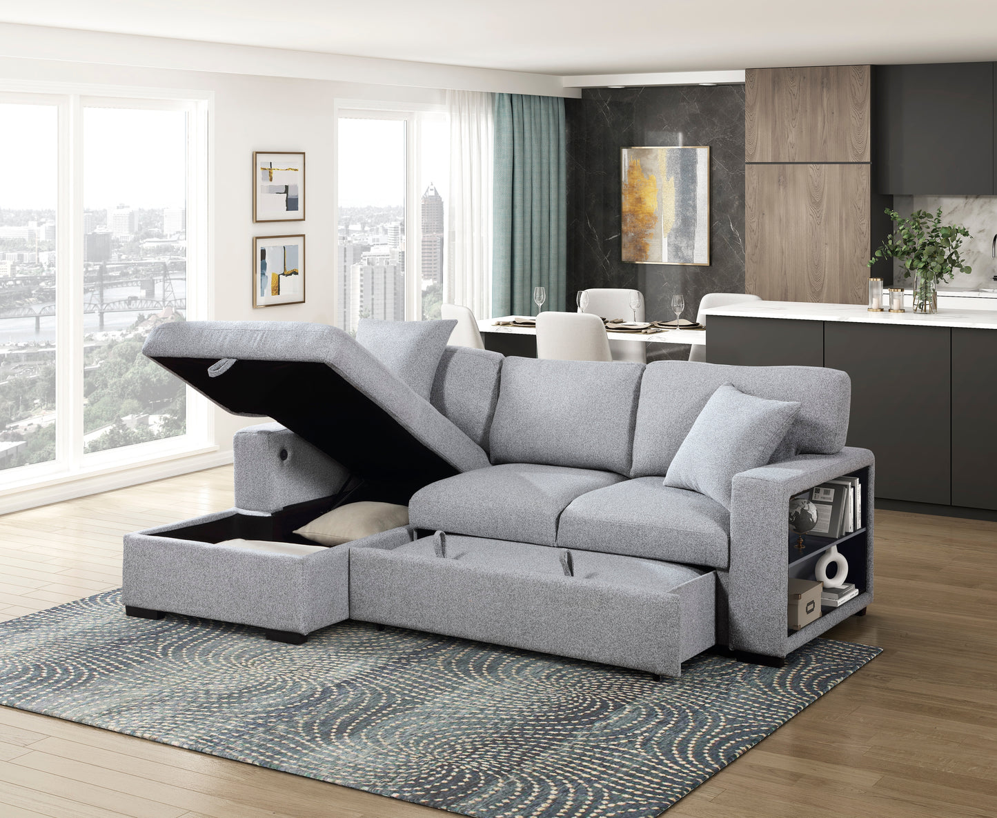 9630GY*2LC2R - (2)Sectional with Left Chaise, Pull-out Bed, Hidden Storages and Shelves, Charging Ports