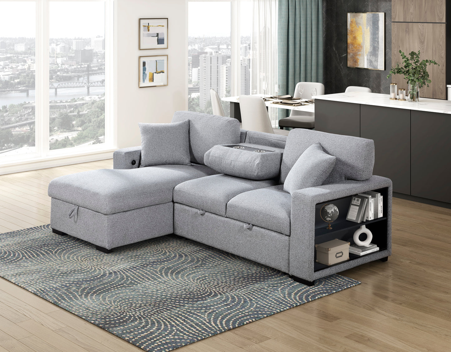 9630GY*2LC2R - (2)Sectional with Left Chaise, Pull-out Bed, Hidden Storages and Shelves, Charging Ports