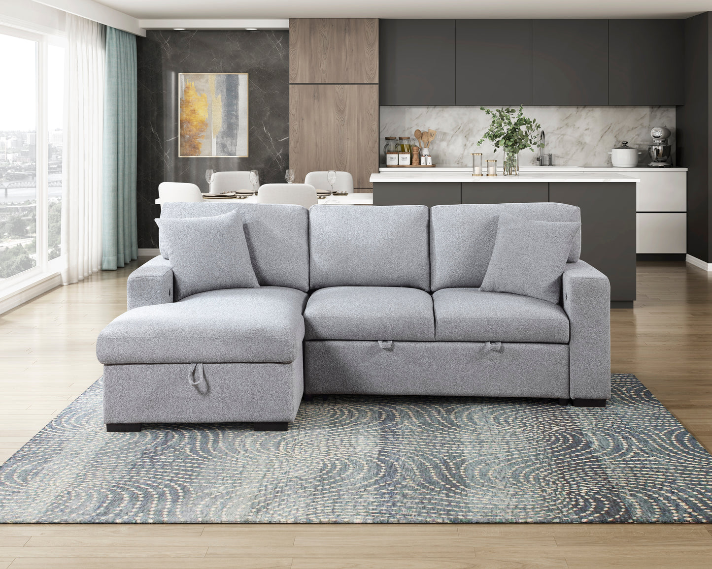 9630GY*2LC2R - (2)Sectional with Left Chaise, Pull-out Bed, Hidden Storages and Shelves, Charging Ports