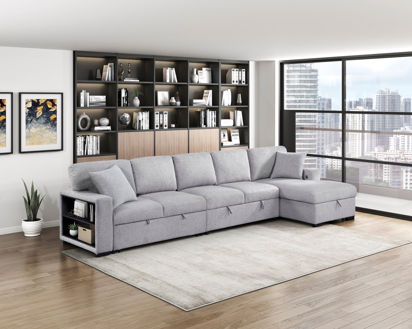 9630GY*32LRC - (3)Sectional with Right Chaise, Pull-out Bed, Hidden Storages and Shelves, Charging Ports