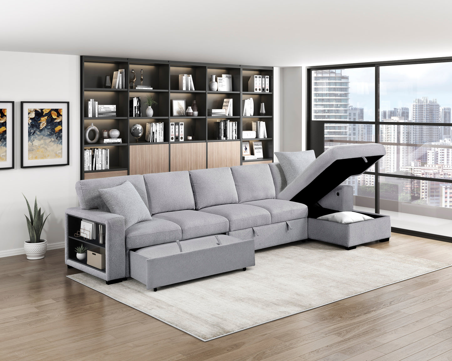 9630GY*32LRC - (3)Sectional with Right Chaise, Pull-out Bed, Hidden Storages and Shelves, Charging Ports