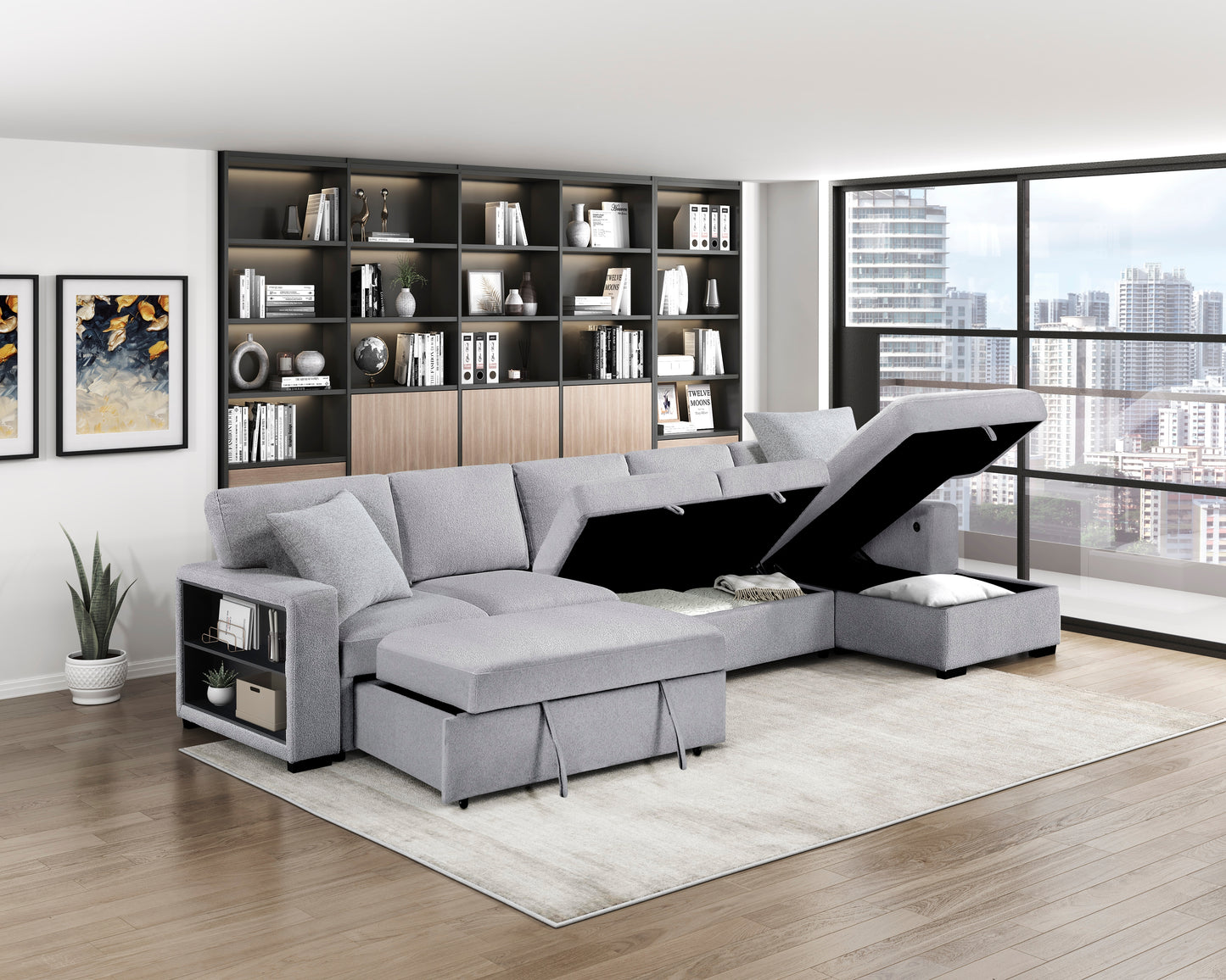 9630GY*32LRC - (3)Sectional with Right Chaise, Pull-out Bed, Hidden Storages and Shelves, Charging Ports
