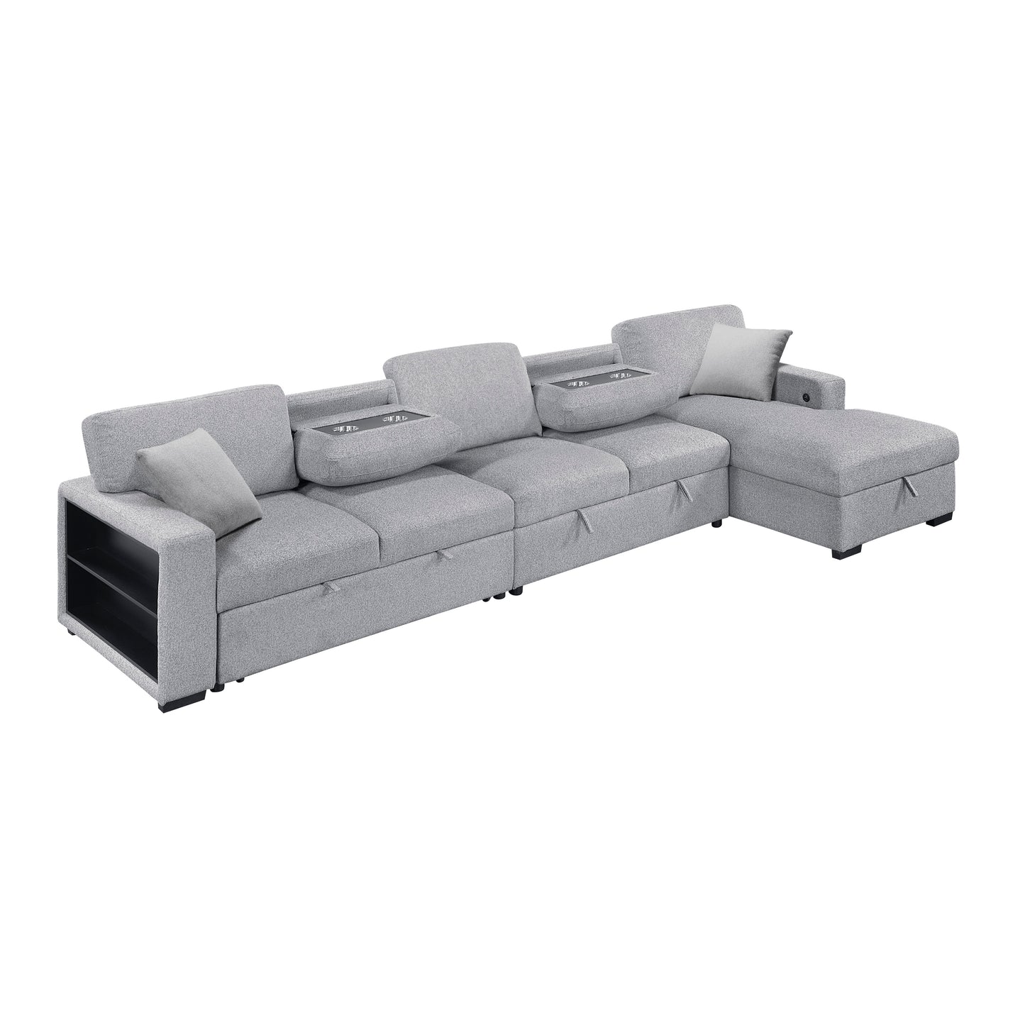 9630GY*32LRC - (3)Sectional with Right Chaise, Pull-out Bed, Hidden Storages and Shelves, Charging Ports