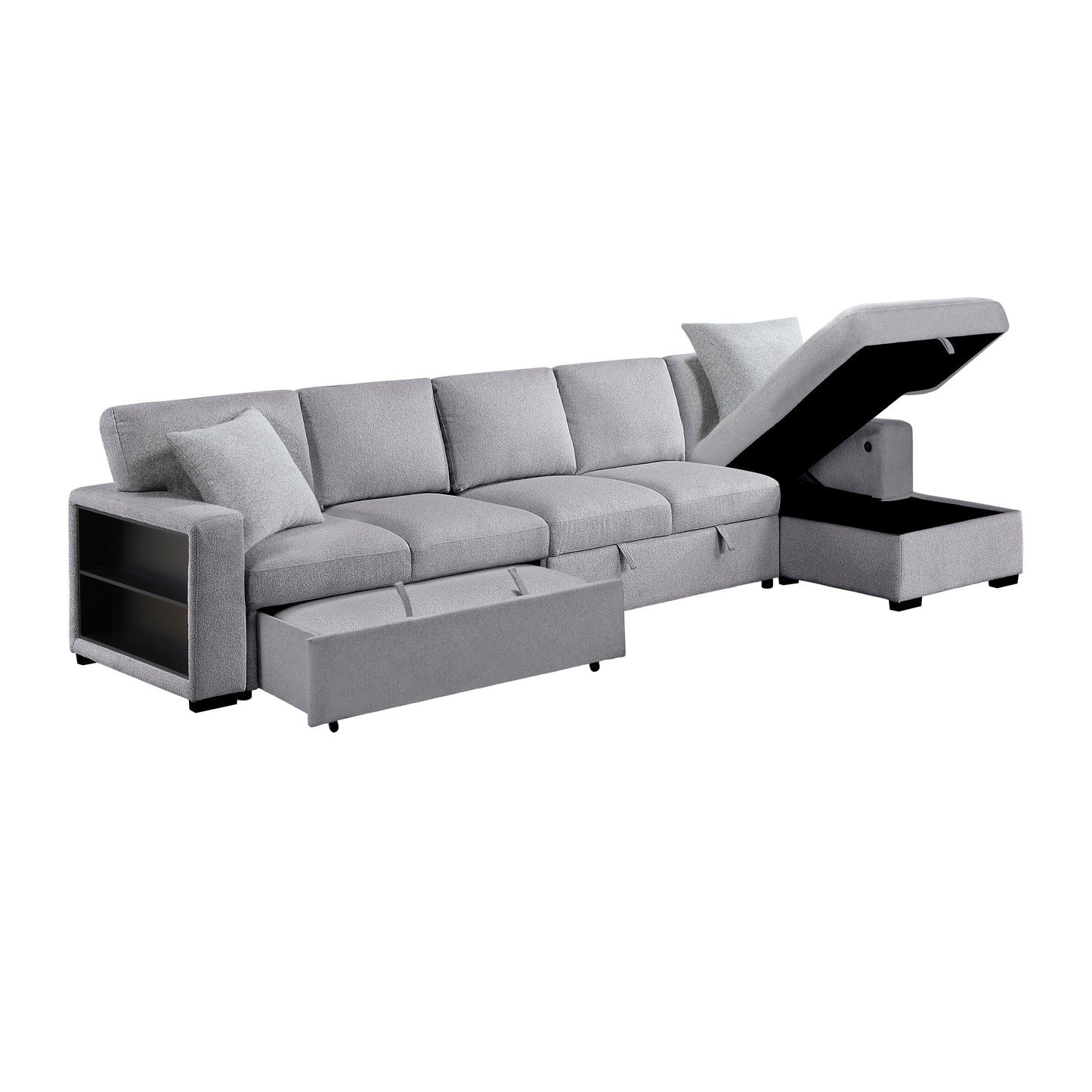 9630GY*32LRC - (3)Sectional with Right Chaise, Pull-out Bed, Hidden Storages and Shelves, Charging Ports