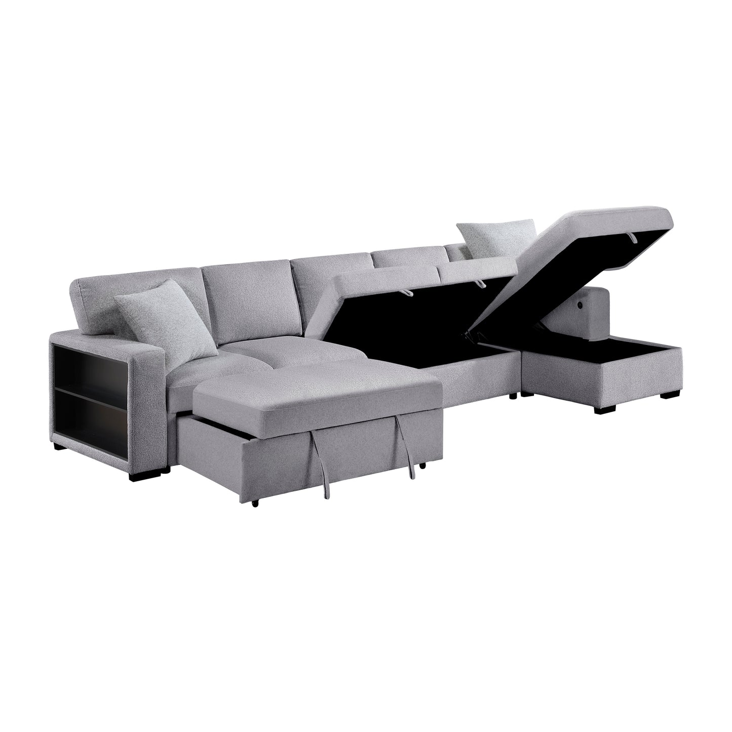 9630GY*32LRC - (3)Sectional with Right Chaise, Pull-out Bed, Hidden Storages and Shelves, Charging Ports