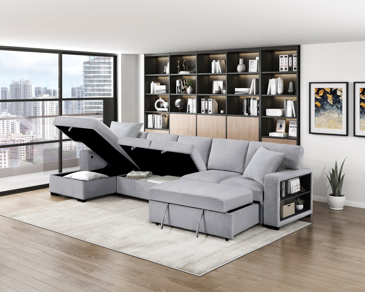 9630GY*3LC2R - (3)Sectional with Left Chaise, Pull-out Bed Hidden Storages and Shelves, Charging Ports