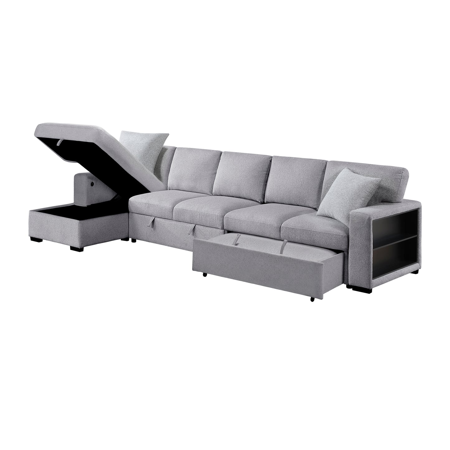 9630GY*3LC2R - (3)Sectional with Left Chaise, Pull-out Bed Hidden Storages and Shelves, Charging Ports