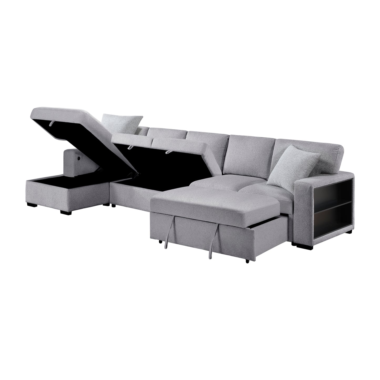 9630GY*3LC2R - (3)Sectional with Left Chaise, Pull-out Bed Hidden Storages and Shelves, Charging Ports
